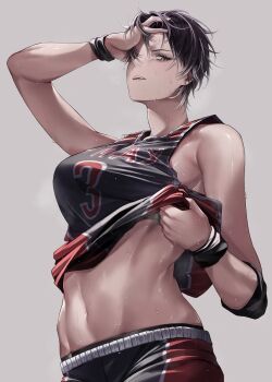 1girl absurdres ball basketball basketball_(object) basketball_uniform black_hair black_shorts breasts brown_eyes clothes_lift commentary earrings english_commentary gradient_hair highres jewelry large_breasts may_(ulularts) multicolored_hair multicolored_shorts navel open_clothes open_mouth open_shirt original shirt_lift short_hair shorts solo sportswear stomach sweat ulularts white_hair