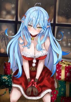 1girl absurdres ahoge alternate_costume bare_shoulders bell blush bound box braid breasts cleavage closed_mouth collarbone commentary_request dress elf fishnet_gloves fishnets fur-trimmed_dress fur_trim gift gift_box gloves heart heart_ahoge highres hololive indoors large_breasts long_hair looking_at_viewer neck_bell pointy_ears red_dress santa_costume side_braid smile solo strapless strapless_dress very_long_hair virtual_youtuber winvita yellow_eyes yukihana_lamy