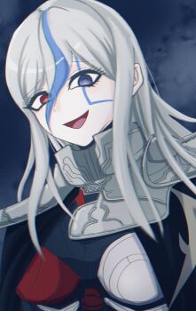 1girl armor black_bodysuit blue_background blue_streaks bodysuit breasts cape chromatic_aberration commentary facial_mark gorget heterochromia highres long_hair medium_breasts mmm_oo00oo multicolored_hair purple_eyes red_bodysuit red_eyes shoulder_armor smile solo streaked_hair the_hundred_line_-last_defense_academy- v&#039;ehxness white_hair