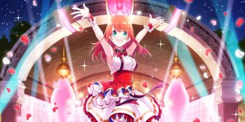 1girl armpits arms_up blue_eyes blush bow bowtie breasts cowboy_shot dot_nose falling_petals game_cg gem highres idol idol_clothes lapis_re:lights layered_skirt long_hair looking_at_viewer medium_breasts night night_sky official_art open_mouth petals pink_petals purple_gemstone red_bow red_bowtie red_hair red_petals red_ribbon red_skirt red_wrist_cuffs ribbon sideboob skirt sky smile solo sparkle stage stage_lights star_(sky) starry_sky striped_bow striped_bowtie striped_clothes third-party_source tiara_(lapis_re:lights) underbust white_petals white_skirt wrist_cuffs