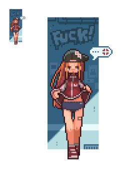 ... 1girl anger_vein averting_eyes backwards_hat bandaid bandaid_on_leg blue_buruma buruma clothes_lift commentary_request full_body graffiti hat jacket jacket_lift lifting_own_clothes long_hair omunikin orange_hair original pixel_art profanity red_jacket red_shoes shoes solo spoken_anger_vein spoken_ellipsis standing thigh_gap