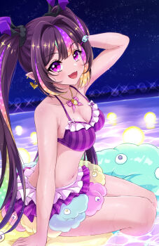 1girl :d akirappy arm_behind_head arm_support arm_up bare_arms bare_shoulders bat_earrings bikini bowtie breasts brown_hair cleavage collarbone earrings fang feet_out_of_frame frilled_bikini frills from_side gold_earrings hair_intakes hair_ornament jewelry legs_together long_hair looking_at_viewer looking_to_the_side medium_breasts monster_strike multicolored_hair navel necklace night night_sky nightmare_(monster_strike) open_mouth outdoors pendant pink_bow pink_bowtie pink_eyes pointy_ears pool purple_bikini sitting sky smile soaking_feet star_(sky) starry_sky streaked_hair striped_bikini swimsuit twintails vertical-striped_bikini vertical-striped_clothes very_long_hair water wet wing_hair_ornament