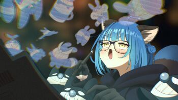 Rule 34 | 1girl, :3, animal ears, bespectacled, black-framed eyewear, black gloves, blue hair, blush, chromashift, commentary, commission, cup, drawing tablet, empty eyes, english commentary, eyelashes, fandit (poko rakun), fang, glasses, gloves, grin, hair bun, highres, holding, holding stylus, hood, hood down, in container, in cup, mug, open mouth, poko rakun, raccoon ears, raccoon girl, raccoon tail, second-party source, single side bun, smile, stylus, suzuushi, tail, teeth, virtual youtuber, yellow eyes