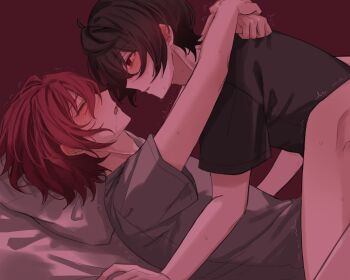 2boys arms_around_neck bed_sheet black_hair black_shirt blush bottomless brown_hair closed_eyes ensemble_stars! highres implied_sex isara_mao lying male_focus multiple_boys n_(wykh4laaxa7w1kk) on_back open_mouth pillow red_eyes red_hair sakuma_ritsu shirt short_sleeves simple_background sweat t-shirt trembling yaoi