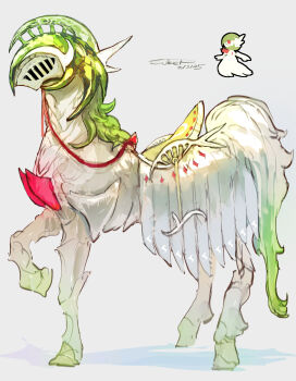 absurdres alternate_species dated gardevoir gen_3_pokemon grey_background highres horse mega_gardevoir mega_pokemon nintendo no_humans pokemon pokemon_(creature) reference_inset saddle shadow signature sukepmonster