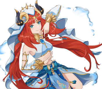 1girl absurdres aqua_eyes arabian_clothes armpits bare_shoulders blue_nails blunt_bangs bracelet breasts chest_jewel collar collarbone dancer detached_sleeves eyebrows_hidden_by_hair eyelashes fake_horns female_focus fingernails floating_hair genshin_impact hair_ornament hands_up happy highres horned_headwear horns jewelry knee_up knees light_blush long_hair long_twintails looking_at_viewer lots_of_jewelry low_twintails midriff miniskirt nilou_(genshin_impact) no_bra open_hand orange_hair pelvic_curtain puffy_detached_sleeves puffy_sleeves senyamai shirt sidelocks simple_background skirt sleeveless sleeveless_shirt small_breasts smile stomach tassel thighs tiara twintails veil very_long_hair water_drop white_background