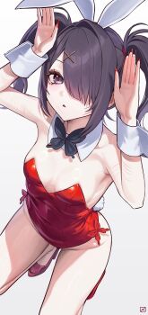 Rule 34 | 1girl, absurdres, ame-chan (needy girl overdose), animal ears, black eyes, black hair, black nails, breasts, commentary, detached collar, fake animal ears, fake tail, hair ornament, hair over one eye, high heels, highres, leotard, long hair, m psycho 83, nail polish, needy girl overdose, parted lips, playboy bunny, rabbit ears, rabbit pose, rabbit tail, red leotard, red nails, red shoes, scar, scar on arm, self-harm scar, shirt, shoes, simple background, small breasts, solo, squatting, symbol-only commentary, tail, twintails, white shirt, wrist cuffs, x hair ornament