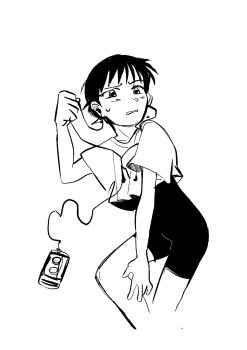 1boy baggy_shirt black_eyes black_hair blush cassette_player collarbone dokudrinker earphones holding_mp3_player ikari_shinji listening_to_music looking_at_viewer monochrome mp3_player musical_note musical_note_print neon_genesis_evangelion rough_sketch sdat_player shirt shorts solo source_request sweat t-shirt