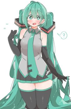 Rule 34 | 1girl, :d, ?, aqua eyes, aqua hair, aqua necktie, aqua trim, bare shoulders, black gloves, black skirt, black thighhighs, blush, breasts, bright pupils, collared shirt, cowboy shot, elbow gloves, flying sweatdrops, gloves, grey shirt, hair intakes, hair ornament, hair spread out, hand up, hands in own hair, hatsune miku, highres, kneeling, long hair, looking at viewer, medium breasts, miniskirt, necktie, no nose, open mouth, pleated skirt, raised eyebrows, shirt, shoulder blush, simple background, skirt, sleeveless, sleeveless shirt, smile, solo, spoken question mark, sweatdrop, thighhighs, thighs, tie clip, twintails, uruti 2388, very long hair, vocaloid, white background, white pupils, zettai ryouiki