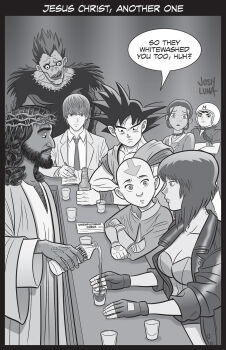 2girls 6+boys aang alcohol avatar:_the_last_airbender avatar_legends beard breasts death_note death_note_(object) dragon_ball dragonball_z facial_hair fingerless_gloves ghost_in_the_shell gloves highres jesus josh_luna katana kusanagi_motoko mach_go_go_go mifune_gou multiple_boys multiple_girls ryuk shinigami son_goku sword the_bible water weapon wine yagami_light