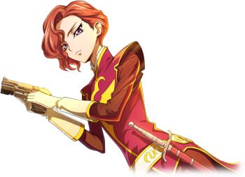 brown_hair code_geass code_geass:_boukoku_no_akito code_geass:_lost_stories f4samurai game_cg gloves gun holding holding_gun holding_weapon jean_lowe looking_at_viewer military_uniform official_art purple_eyes short_hair standing sword weapon white_gloves