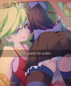 2girls absurdres ass blonde_hair blue_eyes blue_hair bow breasts car_interior dress earrings hair_bow he_wants_to_order_(meme) highres jewelry long_hair looking_at_viewer meme mosboru multicolored_hair multiple_girls panties panty_&amp;_stocking_with_garterbelt panty_(psg) panty_peek pink_hair red_dress selfie siblings signature sisters snapchat stocking_(psg) striped_clothes striped_panties striped_thighhighs thighhighs two-tone_hair underwear