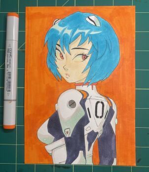 Rule 34 | 1girl, art tools in frame, ayanami rei, blue hair, bodysuit, breasts, cartoonized, frown, hair between eyes, highres, interface headset (evangelion), kaimecha, looking back, marker, marker (medium), mecha pilot suit, neon genesis evangelion, orange background, orange eyes, photo (medium), plugsuit (evangelion), short hair, small breasts, solo, toon (style), traditional media, white bodysuit