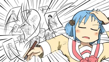 1girl agodashi_onabe blush bow bowtie closed_eyes cube_hair_ornament drawing_(object) emphasis_lines hair_ornament hand_on_own_head holding holding_pen long_sleeves meme naganohara_mio naoya_hitting_choso_without_looking_(meme) nichijou open_mouth paper pen pornography portrait red_bow red_bowtie sailor_collar school_uniform serafuku shirt simple_background solo tokisadame_school_uniform two_side_up white_background white_sailor_collar yaoi_(object) yellow_shirt