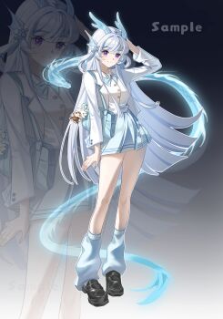 Rule 34 | 1girl, absurdres, alternate costume, bag, blue bow, blue skirt, bow, bowtie, character name, commentary request, dragon horns, eastern dragon horns, fins, full body, head fins, highres, horns, jacket, loafers, long hair, looking at viewer, loose socks, pleated skirt, purple eyes, school uniform, shirt, shoes, skirt, smile, socks, solo, tail, tianshang youge gelasi, very long hair, wangzhe rongyao, white hair, white shirt, xi shi (youlong qingying) (wangzhe rongyao), xishi (wangzhe rongyao), zoom layer