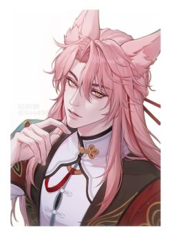 1boy animal_ear_fluff animal_ears arm_up bh495 black_trim border commentary fox_boy fox_ears hashtag-only_commentary highres honkai:_star_rail honkai_(series) jacket jiaoqiu_(honkai:_star_rail) lips long_hair lower_eyelashes_only male_focus mandarin_collar orange_eyes parted_hair parted_lips pink_hair red_jacket shirt solo upper_body white_border white_shirt