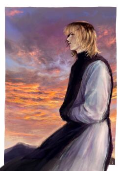 Rule 34 | 1boy, badeni, black tabard, blonde hair, border, chi.: chikyuu no undou ni tsuite, eyepatch, highres, k05062688, lips, male focus, medium hair, nose, outside border, parted lips, scar, scar on face, scar on lip, scar on mouth, scar on nose, sky, solo, standing, tabard, teeth, tonsure, white border