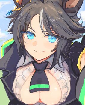 Rule 34 | 1girl, absurdres, ahoge, animal ears, black gloves, black hair, black jacket, black necktie, blue eyes, blue sky, breasts, center frills, center opening, cleavage, closed mouth, cloud, collared shirt, day, ear ornament, ear piercing, frilled shirt, frills, fuji kiseki (shooting star revue) (umamusume), fuji kiseki (umamusume), gloves, hair between eyes, hand up, highres, horse ears, horse girl, jacket, leaning forward, long sleeves, looking at viewer, multicolored hair, necktie, no bra, outdoors, piercing, shimura (hosshi), shirt, short hair, sidelocks, sky, smile, solo, standing, umamusume, upper body, white hair, white shirt