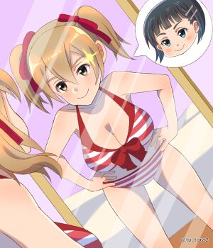 1girl alternate_breast_size_(larger) alternate_costume aqua_eyes artist_name asuna_(sao) asuna_(sao)_(cosplay) bare_arms bare_legs bikini black_hair blunt_bangs blunt_ends blush_stickers bob_cut bow bow_bikini breasts brown_eyes brown_hair cleavage closed_mouth collarbone commentary_request cosplay double-parted_bangs dutch_angle feet_out_of_frame hair_between_eyes hair_ornament hair_ribbon hairclip hands_on_own_hips highres huge_breasts kirigaya_suguha leaning_forward loli looking_at_self medium_hair midriff_peek mirror multicolored_bikini parallel_hairclips possessed red_bikini red_bow red_ribbon reflection ribbon sidelocks silica smile solo speech_bubble spoken_character standing striped_bikini striped_clothes swimsuit sword_art_online tu_tora2 twintails twitter_username two-tone_bikini watermark white_bikini