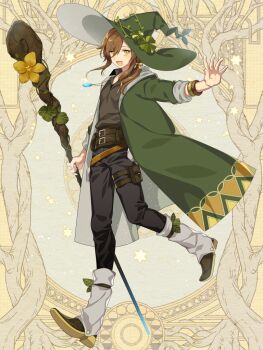 1boy bangle belt black_pants black_shirt black_shoes blue_gemstone bracelet brown_belt brown_hair coat collared_shirt dairoku_ryouhei flower full_body gaiters gem green_coat green_eyes green_hat hair_between_eyes hair_over_shoulder hair_ribbon hat hat_ornament holding holding_staff hood hood_down hooded_coat jewelry l_(matador) leaf_hat_ornament long_hair looking_at_viewer low_ponytail mage_staff male_focus med_earth multiple_belts open_clothes open_coat open_collar outstretched_arm pants pendant plant ponytail pouch ribbon shirt shoes sidelocks sleeves_rolled_up solo sparkle staff standing standing_on_one_leg tareme thigh_pouch vines witch_hat yellow_background yellow_flower yellow_ribbon