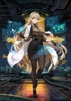 Rule 34 | 1girl, belt, black belt, black boots, black gloves, black hairband, black pantyhose, black skirt, blonde hair, boots, breasts, brown sweater, chest harness, coat, coat on shoulders, demeter (fate), demeter (second ascension) (fate), earrings, fate/grand order, fate (series), full body, glasses, gloves, gun, hairband, handgun, harness, holographic monitor, holster, jewelry, large breasts, long hair, looking at viewer, necklace, official art, okojo, outline, pantyhose, second-party source, skirt, solo, standing, standing on one leg, sweater, turtleneck, turtleneck sweater, very long hair, weapon, white coat, white outline, yellow eyes