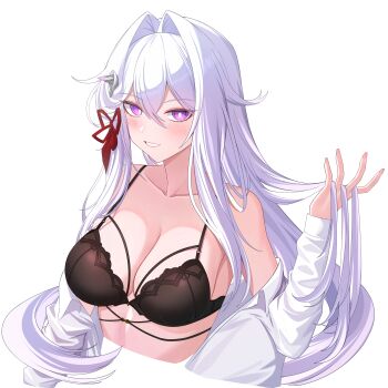 1girl absurdres aircell bare_shoulders black_bra black_horns blush bra breasts bright_pupils cleavage clothes_down collarbone commentary fingernails hair_between_eyes hair_intakes hair_ribbon hand_up highres honkai_(series) honkai_impact_3rd horns large_breasts long_hair looking_at_viewer paid_reward_available parted_lips purple_eyes red_ribbon ribbon shirt side_horns simple_background single_horn smile solo thelema_nutriscu underwear upper_body variant_set white_background white_hair white_pupils white_shirt