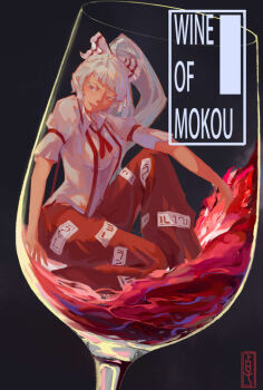 1girl 309766845 alcohol bow breasts character_name collared_shirt colored_eyelashes commentary_request cup drinking_glass english_text fujiwara_no_mokou glowing_liquid grey_background hair_bow long_hair medium_breasts mini_person minigirl ofuda ofuda_on_clothes pants parted_lips red_pants red_suspenders red_wine shirt short_sleeves signature solo touhou white_bow white_eyelashes white_hair white_shirt wine wine_glass