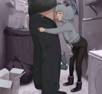 1boy 1girl alley animal_ear_fluff animal_ears belt black_footwear black_pants black_pantyhose black_shirt black_shorts boots bottle box cardboard_box cari_(scari) censored closed_eyes clothes_pull erection fellatio grey_hair grey_sweater hand_on_own_thigh hetero highres loli mechanical_arms mosaic_censoring oral original outdoors pants pants_pull pantyhose penis shirt short_hair short_shorts shorts single_mechanical_arm snow sweater tail trash_bag trash_can wolf_ears wolf_girl wolf_tail