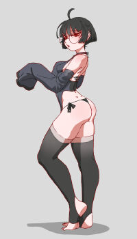 Rule 34 | 1girl, ass, back, bare shoulders, black dress, black hair, black nails, black panties, black sleeves, black thighhighs, blush, borrowed character, breasts, covered erect nipples, detached sleeves, dress, ear piercing, feet, glasses, hectaryecgaa, kida (kida eve), long sleeves, medium breasts, original, panties, piercing, red eyes, revealing clothes, round eyewear, short hair, side-tie panties, solo, thighhighs, thighs, toeless legwear, toes, underwear