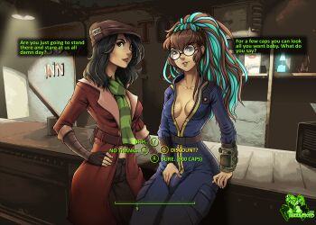 1futa 1girl aqua_hair arm_support artist_name artist_self-insert belt beret black-framed_eyewear black_hair blue_hair breasts brown_eyes brown_hair bulge center_opening cleavage clock coat collarbone covered_erect_nipples crotch_grab english_text fake_screenshot fallout fallout_4 fingerless_gloves futanari gameplay_mechanics glasses gloves hand_on_own_hip hat high_ponytail hizzacked hizzy_(hizzacked) indoors jumpsuit lights lips long_hair looking_at_viewer medium_breasts multicolored_hair no_bra open_clothes original parted_lips piper_wright ponytail radio scarf short_hair sitting sole_survivor_(female) standing striped trench_coat two-tone_hair unzipped vault_jumpsuit_(fallout_4) vault_suit wavy_hair
