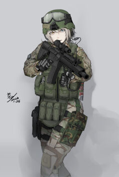 1girl aiming aiming_at_viewer armor assault_rifle camouflage chinese_commentary commentary_request finger_on_trigger gun helmet highres holding holding_gun holding_weapon magazine_(weapon) military military_uniform original qianchas_dream rifle scope soldier suppressor trigger_discipline weapon