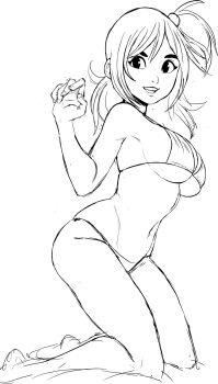 bikini breasts cleft_of_venus dead_or_alive highres honoka_(doa) kneeling large_breasts looking_at_viewer navel side_ponytail sideboob sketch swimsuit teevo underboob