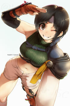 armor commentary_request crop_top eyelashes final_fantasy final_fantasy_vii final_fantasy_vii_remake forehead_protector headband one_eye_closed open_fly pauldrons photo-referenced salute short_shorts shorts shoulder_armor simple_background single_pauldron single_shoulder_pad sleeveless sleeveless_turtleneck smile turtleneck white_shorts yotastar yuffie_kisaragi