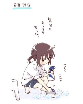 1girl barefoot blue_shorts blush_stickers bottle brown_eyes brown_hair cleaning closed_mouth full_body funami_yui hashtag-only_commentary highres holding holding_bottle namori shirt short_hair short_sleeves shorts simple_background sleeves_pushed_up solo spray_bottle squatting translation_request white_background white_shirt yuruyuri