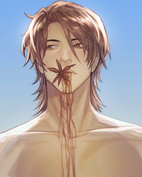 1boy absurdres agremur bags_under_eyes blood blood_from_mouth blood_trail brown_eyes brown_hair curtained_hair flower flower_on_mouth gallagher_(honkai:_star_rail) highres honkai:_star_rail honkai_(series) looking_to_the_side male_focus no_shirt pectoral_cleavage pectorals serious solo wolf_cut