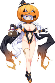 1girl animal_ears bare_legs basket black_gloves blue_eyes breasts choukou_(alicesoft) choukou_taisen_escalation_heroines clothing_cutout gloves highres holding holding_basket horosuke horse_ears jack-o&#039;-lantern large_breasts long_hair navel navel_cutout nicole_quadriga official_art smile solo tachi-e thick_thighs thighs white_hair