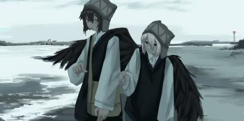 2girls angel_wings bag beanie black_eyes black_hair black_wings collared_shirt earflap_beanie feathered_wings grey_hat hair_between_eyes hat highres lake long_sleeves multiple_girls original overcast pale_skin shirt shore sky water white_hair white_shirt wings yoshiryuu