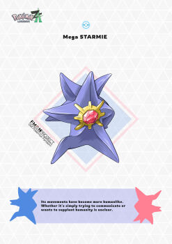absurdres blawn_z colored_skin commentary english_commentary english_text gem gen_1_pokemon highres long_legs mega_pokemon mega_starmie nintendo no_eyes no_humans official_style poke_ball pokemon pokemon_(creature) pokemon_focus pokemon_legends:_z-a purple_skin red_gemstone starfish starmie