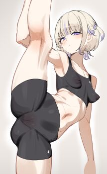 1girl absurdres ajishio_(loli_king) alternate_costume armpits bike_shorts blonde_hair breasts cameltoe covered_erect_nipples highres hololive hololive_dev_is midriff multicolored_hair navel nipples purple_eyes purple_hair short_hair simple_background small_breasts solo split sports_bra standing standing_on_one_leg standing_split streaked_hair todoroki_hajime two_side_up virtual_youtuber white_background