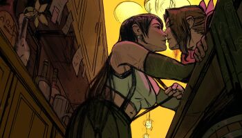 2girls aerith_gainsborough bar_(place) bare_shoulders black_bra black_gloves black_skirt bottle bra breasts brown_hair crop_top earrings elbow_gloves final_fantasy final_fantasy_vii final_fantasy_vii_remake flower from_below gloves hair_ribbon imminent_kiss jacket jewelry lily_(flower) long_hair marianne_khalil medium_breasts midriff multiple_girls parted_bangs pink_ribbon red_jacket ribbon shirt skirt sports_bra suspenders suspenders_pull tavern tifa_lockhart underwear upper_body white_shirt yellow_flower yuri