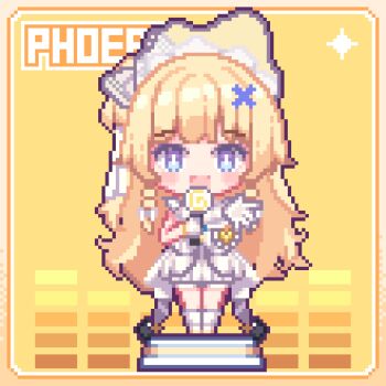 1girl animated animated_gif blonde_hair character_name chibi chibi_only chinese_commentary commentary_request dress gloves hair_ornament highres holding holding_microphone idol kyou_039 long_hair looking_at_viewer looping_animation microphone open_mouth phoebe_(wuthering_waves) smile solo standing straight-on white_dress white_gloves wuthering_waves x_hair_ornament yellow_background
