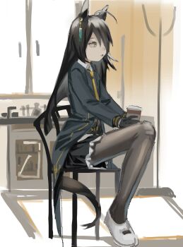 1girl ahoge animal_ears black_choker black_coat black_gloves black_hair black_pantyhose black_skirt blunt_ends cabin chair choker coat collared_shirt contrast_collar cup dom1 ear_ornament ear_tag earrings expressionless gloves hair_over_one_eye highres holding holding_cup horse_ears horse_girl horse_tail jewelry long_hair long_sleeves manhattan_cafe_(creeping_shadow)_(umamusume) manhattan_cafe_(umamusume) multicolored_hair necktie on_chair open_clothes open_coat pantyhose parted_lips pleated_skirt shirt shoes single_earring sitting skirt solo table tail umamusume very_long_hair white_hair white_shoes yellow_eyes yellow_necktie