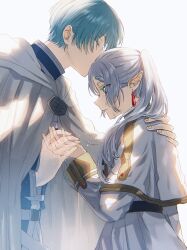 Rule 34 | 1boy, 1girl, blue tunic, capelet, cloak, closed eyes, closed mouth, collared shirt, colored eyelashes, commentary, commentary request, crying, dangle earrings, dress, drop earrings, earrings, elf, frieren, green eyes, grey cloak, hand on another&#039;s back, hetero, highres, himmel (sousou no frieren), holding, jewelry, kiss, kissing forehead, long hair, parted bangs, pointy ears, see-through, shirt, short hair, simple background, sousou no frieren, tears, twintails, white capelet, white cloak, white dress, white hair, yoichi hnkn
