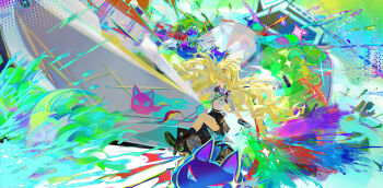 1girl absurdres black_skirt black_socks blonde_hair blowing_bubble_gum breasts can chewing_gum commentary earrings graffiti highres holding holding_can jacket jewelry ktl_suda long_hair lynae_(wuthering_waves) medium_breasts motor_vehicle motorcycle shirt skirt socks solo spray_can star_(symbol) star_earrings white_jacket white_shirt wuthering_waves