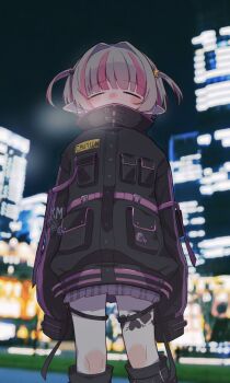 1girl arm_belt arms_at_sides belt black_jacket black_leg_warmers black_straps blunt_bangs blurry blurry_background blush bokeh breath building buttons caution city closed_eyes clothes_writing colored_inner_hair commentary_request covered_mouth depth_of_field earclip feet_out_of_frame grey_hair hair_intakes hair_ornament high_collar highres hiitigo jacket knee_blush leg_belt leg_tattoo leg_warmers loose_belt makaino_ririmu makaino_ririmu_(6th_costume) miniskirt multicolored_hair multicolored_hair_bobbles night nijisanji no_headwear nose_blush o-ring o-ring_thigh_strap pink_belt pink_hair pink_skirt pink_streaks plaid_clothes plaid_skirt pleated_skirt pocket pointy_ears red_eyes short_hair skirt skyscraper sleeves_past_fingers sleeves_past_wrists solo standing star_(symbol) star_hair_ornament straight-on streaked_hair tattoo thigh_strap two-tone_hair two_side_up virtual_youtuber winged_heart winged_heart_tattoo wolf_cut