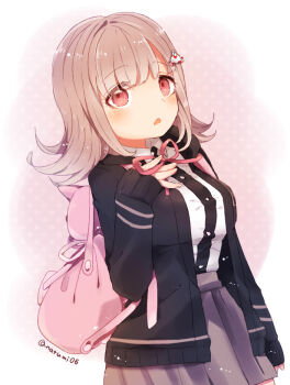 1girl backpack bag black_jacket blush breasts danganronpa_(series) danganronpa_2:_goodbye_despair grey_hair grey_skirt hair_ornament hand_on_own_chest hood hood_down hooded_jacket jacket large_breasts long_sleeves looking_at_viewer nanami_chiaki natsumi_(natumi06) neck_ribbon open_clothes open_jacket parted_lips pink_eyes pink_ribbon pleated_skirt ribbon shirt shirt_tucked_in simple_background skirt sleeves_past_wrists solo twitter_username