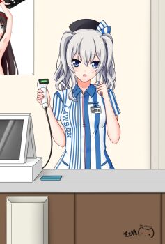 1girl :o artist_logo artist_name artist_self-reference barcode_scanner beret black_hat blue_eyes blue_shirt cash_register cashier character_name chinese_commentary commentary counter double-parted_bangs employee_uniform english_commentary grey_hair hair_between_eyes hat hat_ribbon holding holding_barcode_scanner id_card indoors kantai_collection kashima_(kancolle) kashima_(lawson)_(kancolle) lawson logo long_sidelocks looking_at_viewer mixed-language_commentary multilingual_commentary nail_polish open_mouth original pink_nails ppshex ribbon shirt sidelocks signature solo store_clerk striped_clothes striped_shirt twintails twirling_hair two-tone_shirt upper_body vertical-striped_clothes vertical-striped_shirt white_shirt