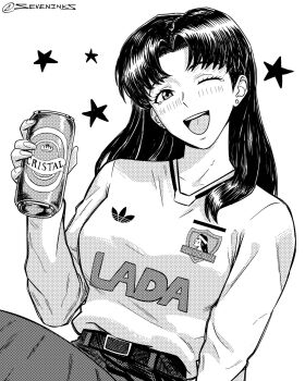 1girl beer_can belt blush breasts can commentary drink_can earrings greyscale highres holding holding_can jewelry katsuragi_misato medium_breasts monochrome neon_genesis_evangelion open_mouth seveninks smile solo star_(symbol) stud_earrings sweater tearing_up upper_body