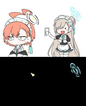 2girls asuna_(blue_archive) black_background blonde_hair blue_archive chibi gange_ju halo maid multiple_girls neru_(blue_archive) orange_hair ribbon switch white_background