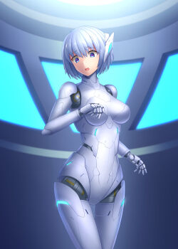 1girl absurdres blue_eyes blue_hair breasts cyborg grey_hair headgear highres kusunotaiboku mecha_musume mechanization medium_breasts open_mouth original short_hair